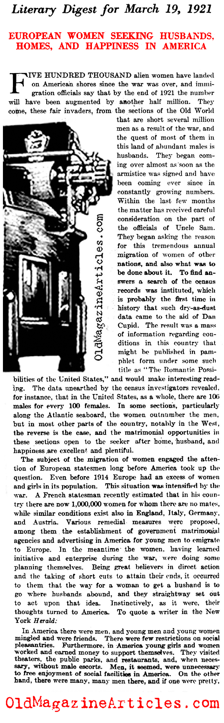 1921 Saw Many Single European Women Moving to the U.S. (Literary Digest, 1921)